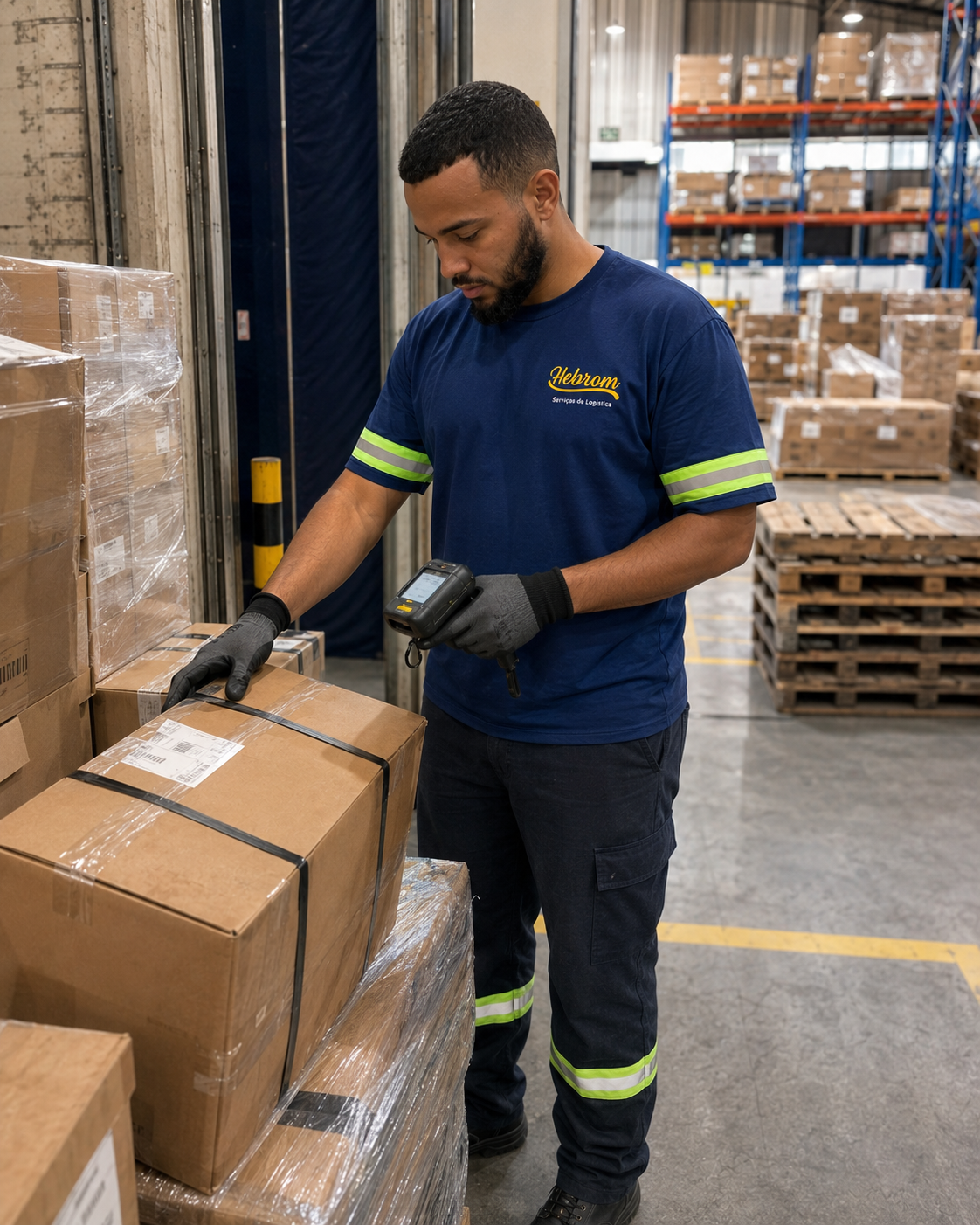 Profissional Hebrom conferindo mercadorias